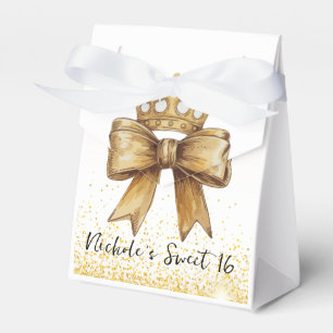 Golden Elegance: Sweet 16 Crown & Bow Glitter Favor Box