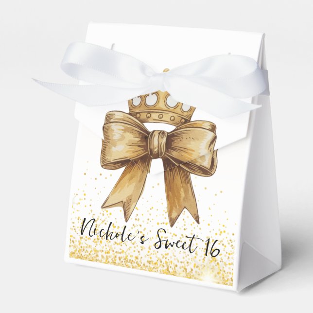 Golden Elegance: Sweet 16 Crown & Bow Glitter Favor Box (Front Side)