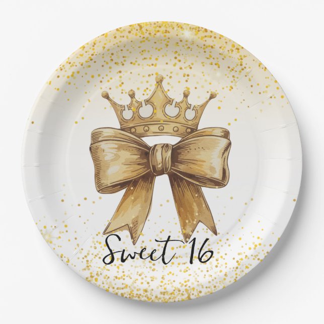 Golden Elegance: Sweet 16 Crown & Bow Glitter Paper Plate (Front)