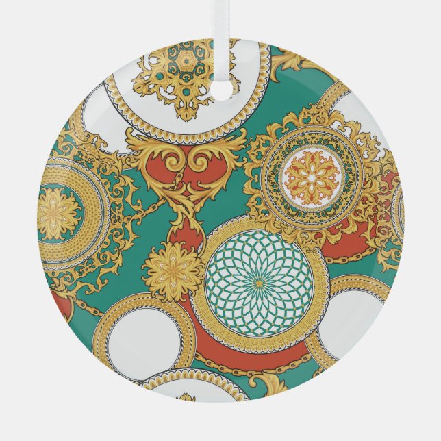 Golden Elegant Arabesque Background Glass Ornament (Front)