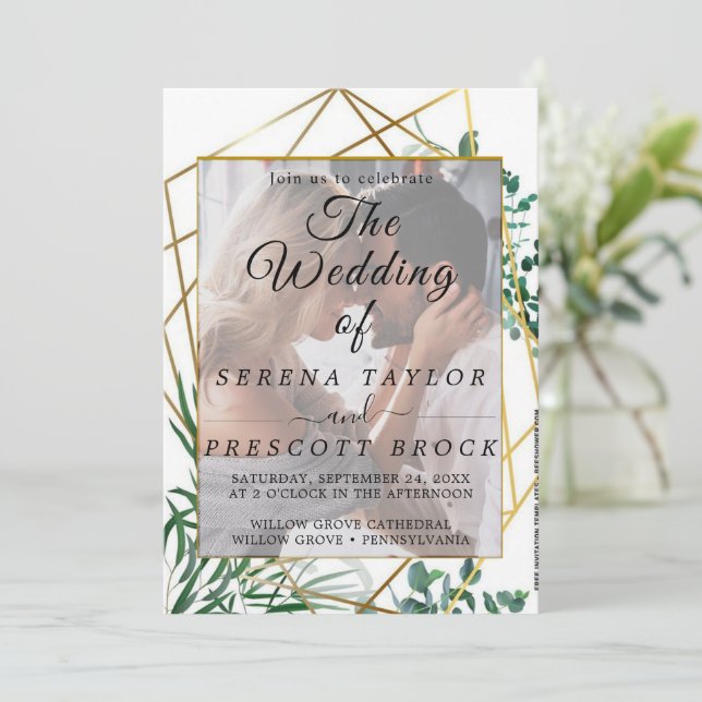 Golden Elegant Foliage Vellum Faire-part de mariag (Debout devant)