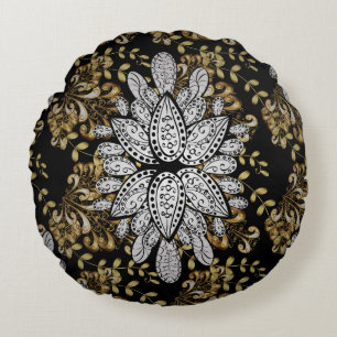 Golden element on black background. Golden black f Round Pillow