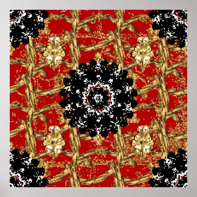 Golden element on red background. Vintage illustra Poster (Front)