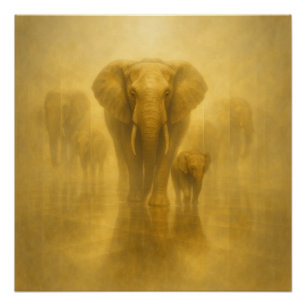 Golden Elephant and Calf in a Misty Mirror Realm – Poster