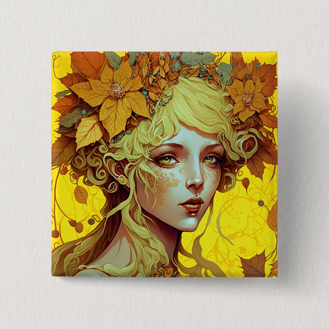 Golden Elf Fairy Fae Fantasy Art 2 Inch Square Button (Front)