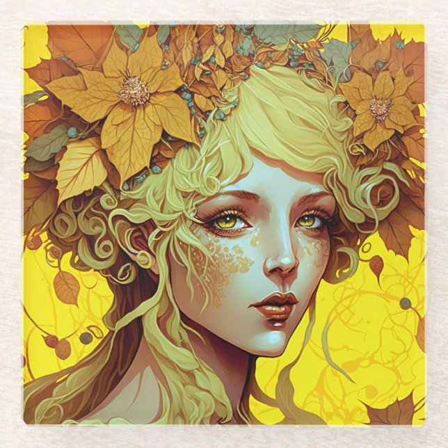 Golden Elf Fairy Fae Fantasy Art Glass Coaster (Front)