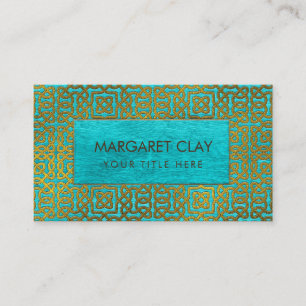 Golden Embossed Celtic Pattern on blue wood Business Card