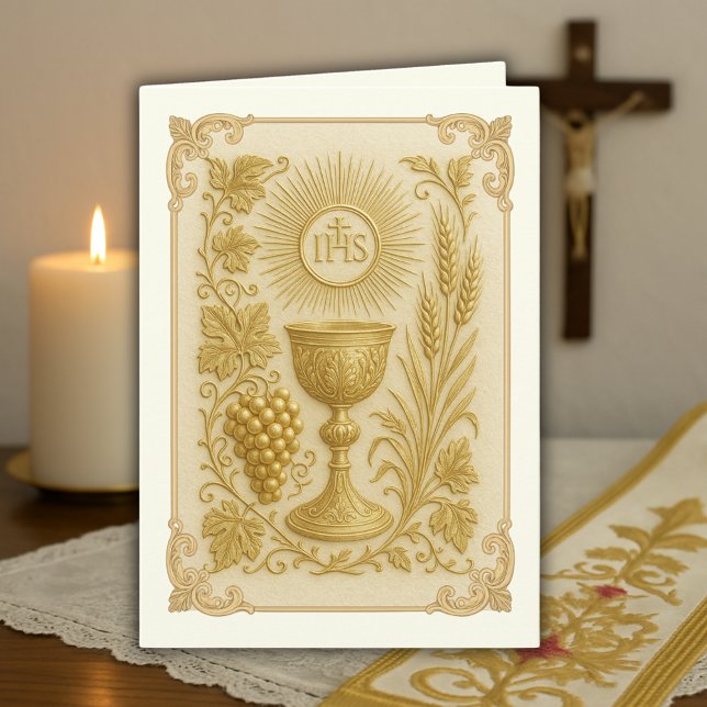 Golden Embossed Chalice Wheat Grapes Priest Thank You Card (Creator Uploaded)
