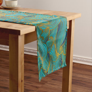 Golden Embossed Swirl Wave Pattern on Blue Short Table Runner