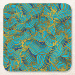 Golden Embossed Swirl Wave Pattern on Blue Square Paper Coaster