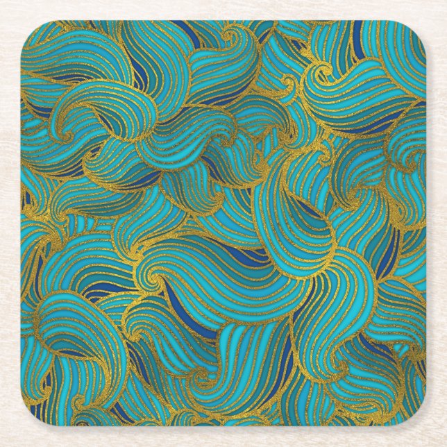 Golden Embossed  Swirl Wave Pattern on Blue Square Paper Coaster (Front)