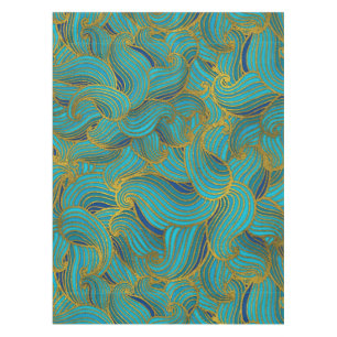 Golden Embossed Swirl Wave Pattern on Blue Tablecloth