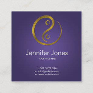 Golden Embossed Yin Yang symbol  on purple Square Business Card