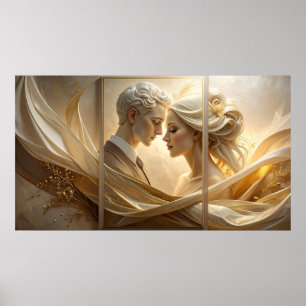 Golden Embrace: Ethereal Couple Portrait in Silk a Poster
