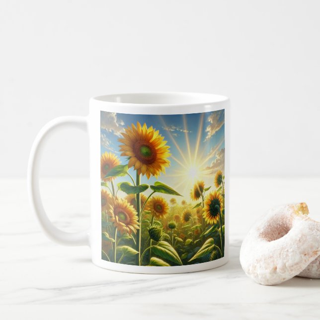 Golden Embrace Sunflower Customizable  Coffee Mug (With Donut)