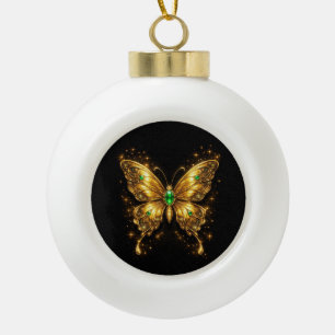 Golden Emerald Crystal Butterfly Ceramic Ball Christmas Ornament