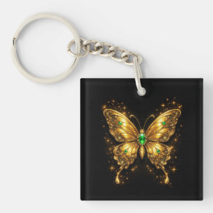 Golden Emerald Crystal Butterfly Keychain
