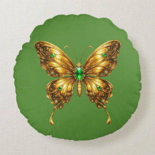 Golden Emerald Crystal Butterfly Round Pillow