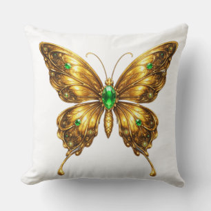 Golden Emerald Crystal Butterfly Throw Pillow