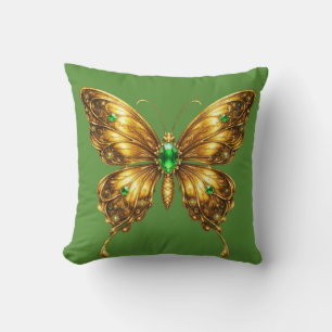 Golden Emerald Crystal Butterfly Throw Pillow