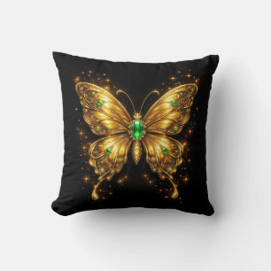 Golden Emerald Crystal Butterfly Throw Pillow