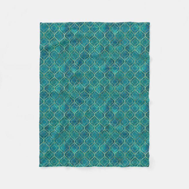 Golden Emerald Geometry Fleece Blanket (Front)