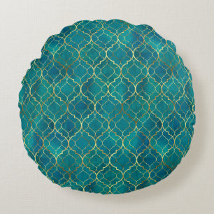 Golden Emerald Geometry Round Pillow