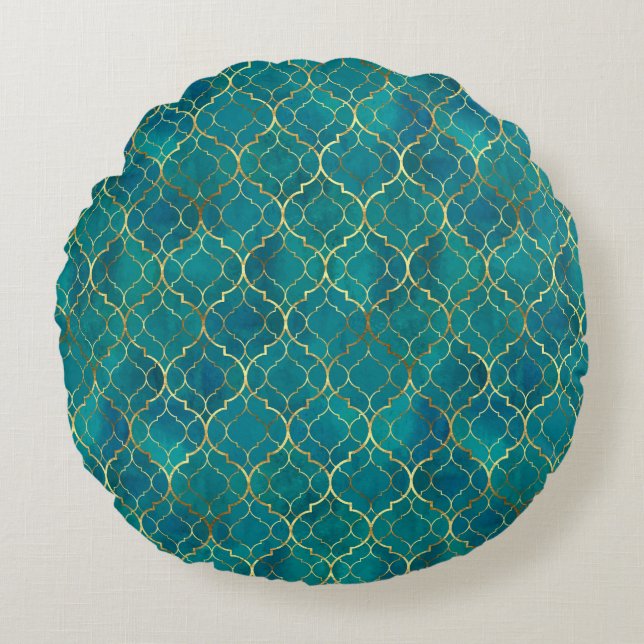 Golden Emerald Geometry Round Pillow (Front)