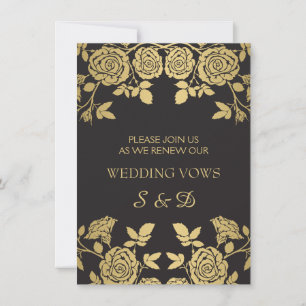Golden English roses on black Vow Renewal Invitation