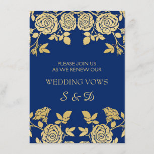Golden English roses on blue Vow Renewal Invitation