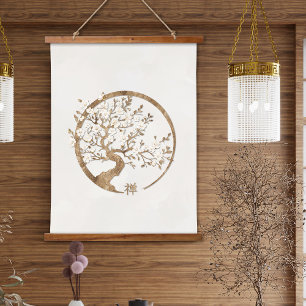 Golden Enso Zen Circle Sakura tree Hanging Tapestry