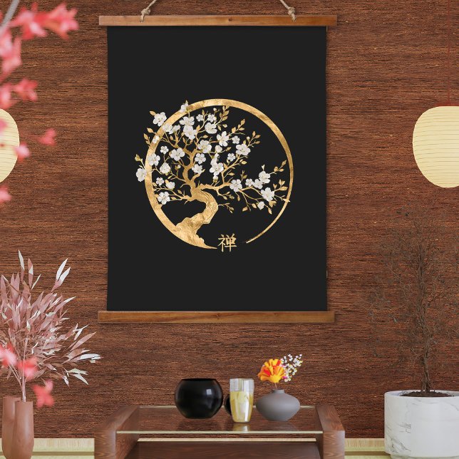 Golden Enso Zen Circle Sakura tree Hanging Tapestry (Creator Uploaded)