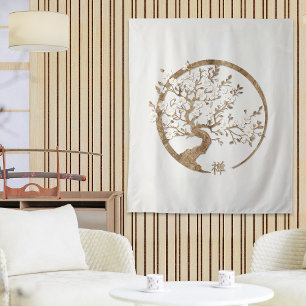 Golden Enso Zen Circle Sakura tree Tapestry
