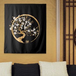 Golden Enso Zen Circle Sakura tree Tapestry