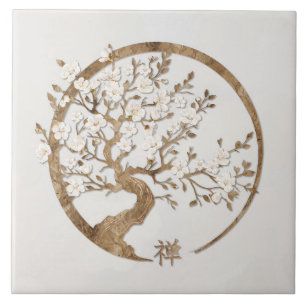 Golden Enso Zen Circle Sakura tree Tile