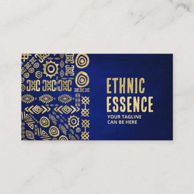 Golden Ethnic Pattern Ornament on blue Business Card (Front)