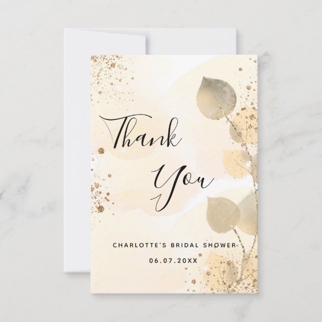 Golden eucalyptus modern glitter bridal shower thank you card (Front)