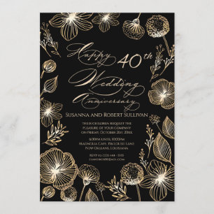 Golden exotic flowers 40th Wedding Anniversary Invitation