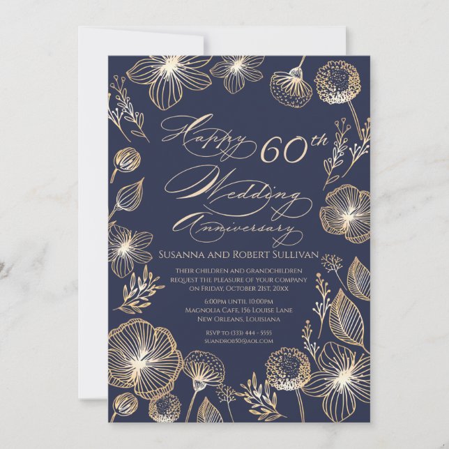 Golden exotic flowers 60th Wedding Anniversary Invitation (Front)