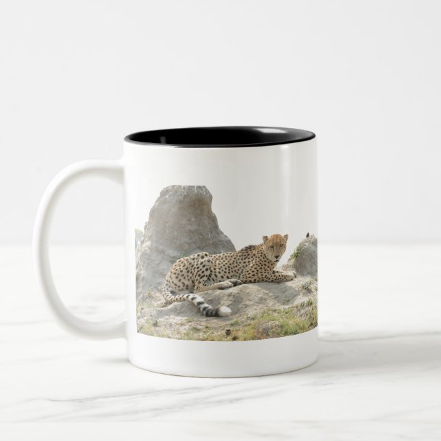 Golden Eyed Cheetah On  A Termite Mound, Botswana Two-Tone Coffee Mug (Left)