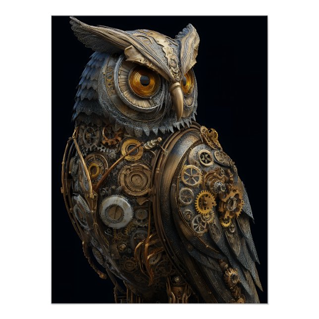 Golden-Eyed Steampunk Owl Poster (Front)