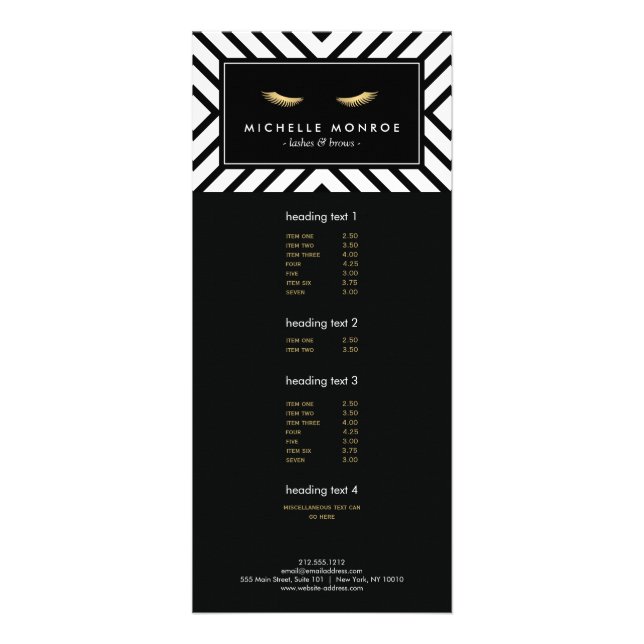 Golden Eyelashes with Mod Black and White Pattern Rack Card (Front)