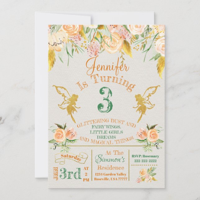 Golden Fairy Floral Birthday Invitation (Front)
