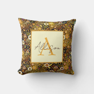 Golden fall floral personalized throw pillow