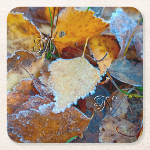 Golden Fall Leaves Morning Frost Customizable Square Paper Coaster