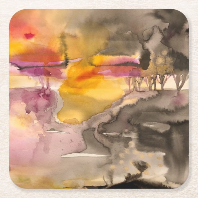golden fall square paper coaster (Front)