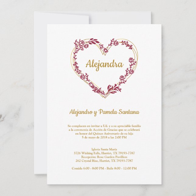 Golden False and Red Quinceañera Floral Heart (Front)