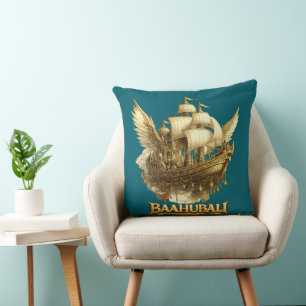 Golden Fantasy Flying Ship Art Throw Pillow