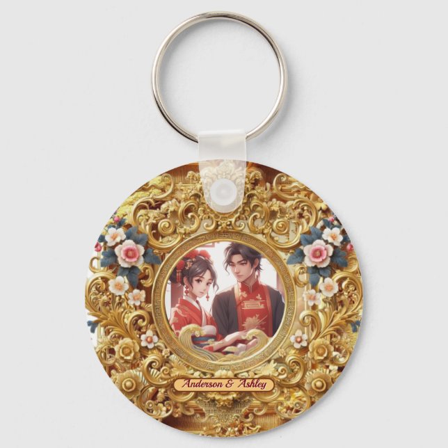 Golden Faux Chinese Carving Frame   Keychain (Front)