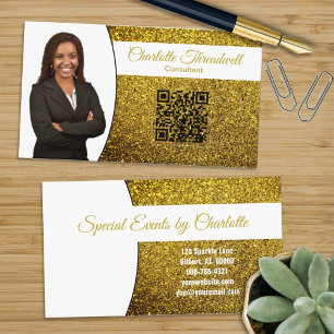 Golden Faux Glitter with Custom Photo & QR Code Business Card